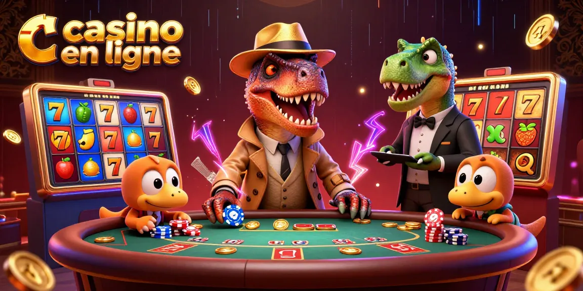 Les joueurs découvrent un casino en ligne avec un vélociraptor défiant à la table de blackjack et un vol de jetons en arrière-plan.