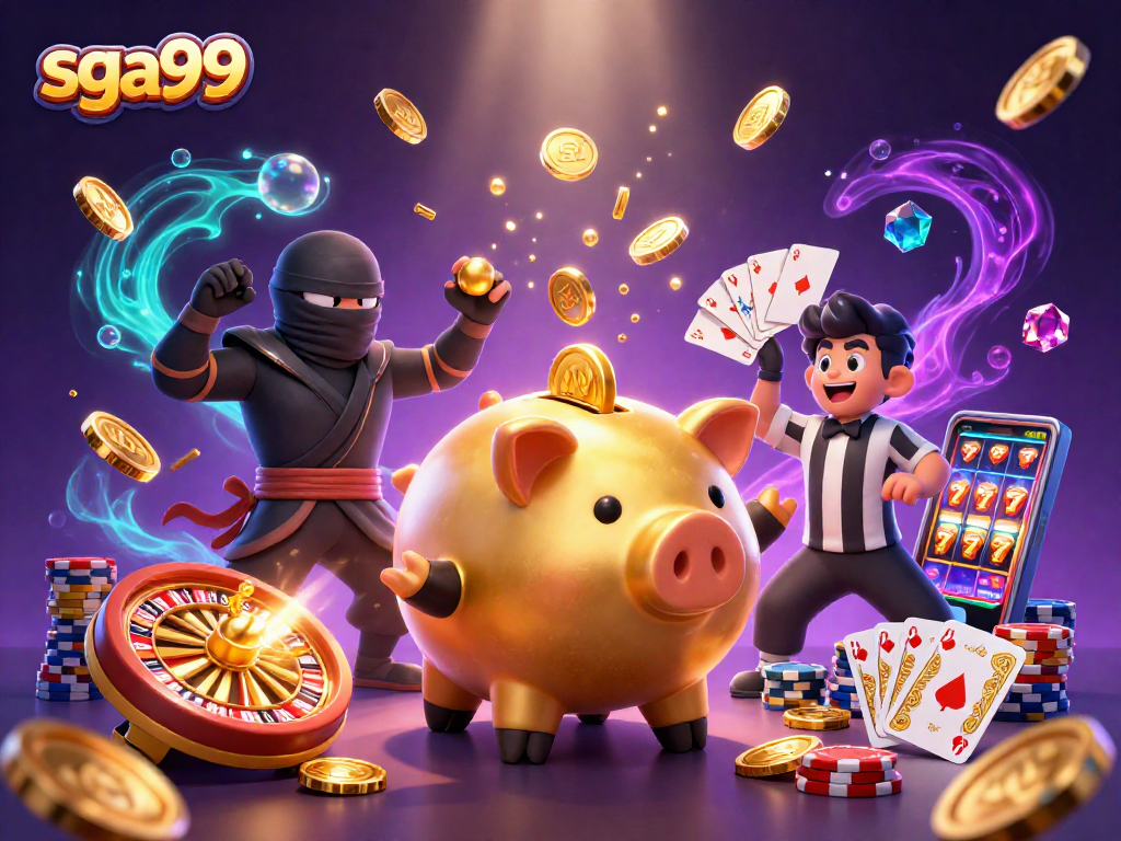 Experience sga99's thrilling gameplay with a lively 3D golden piggy bank sumo wrestling amidst flying coins.