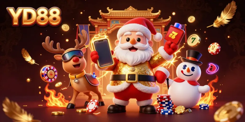 Engage in thrilling slots action with YD88, illustrated by Santa, a reindeer dealer, and a poker chip snowman.