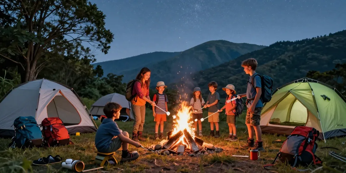 Adventurers gather at a campsite with mantra88 gear for family fun.