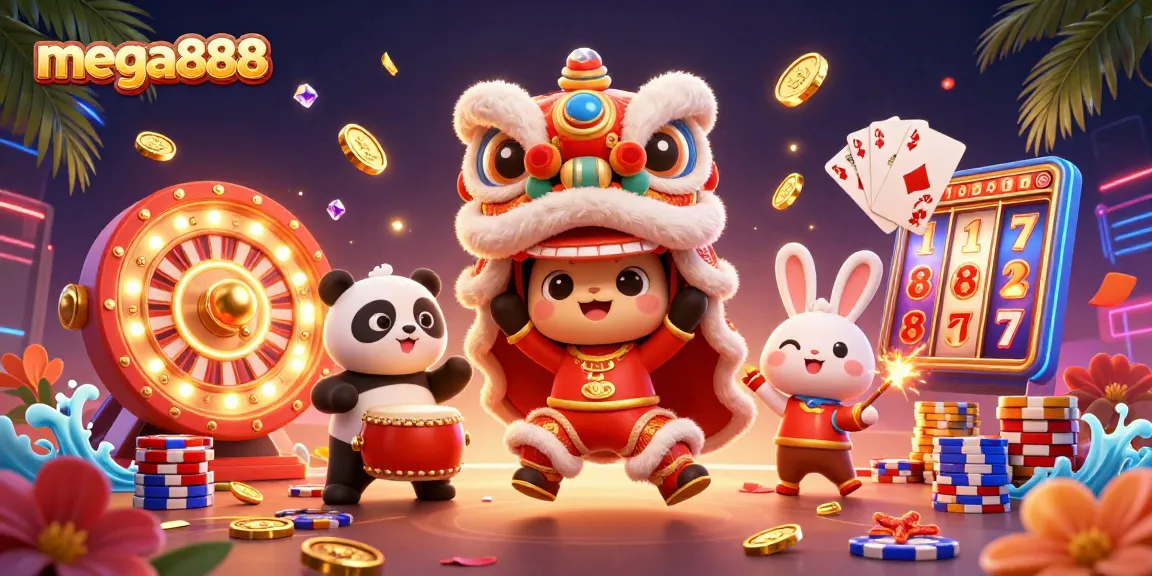 Spin the mega888 slot reels with festive characters surrounded by vibrant casino elements.