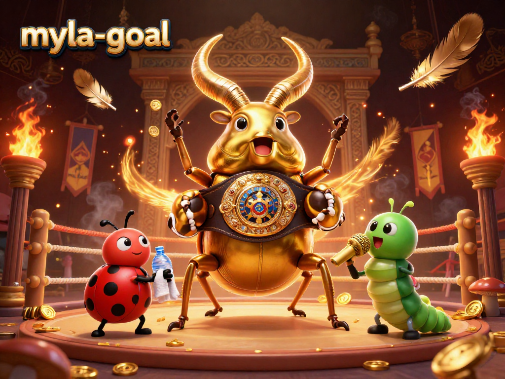 Engage with myla-goal's vibrant gaming world featuring a giant beetle boxing champion and dynamic gaming elements.