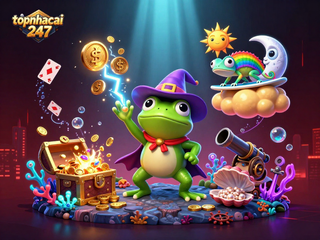 Engage with exciting gameplay at topnhacai247, featuring golden coins and dynamic characters in a vibrant casino scene.