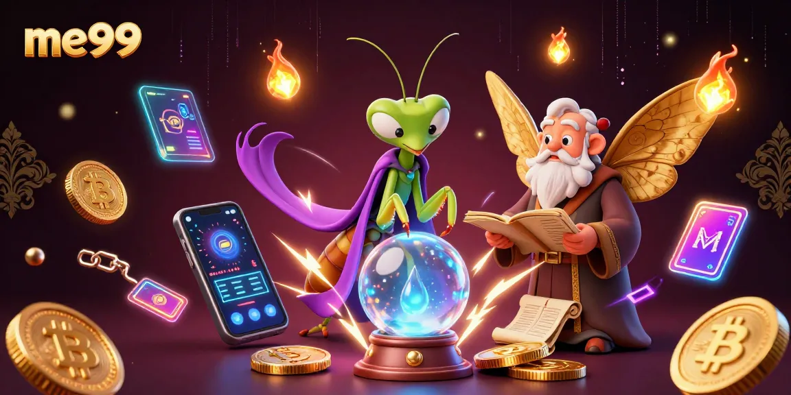 Spin to win at me99 with a mystical fortune teller, librarian, and fireflies amid vibrant casino imagery.