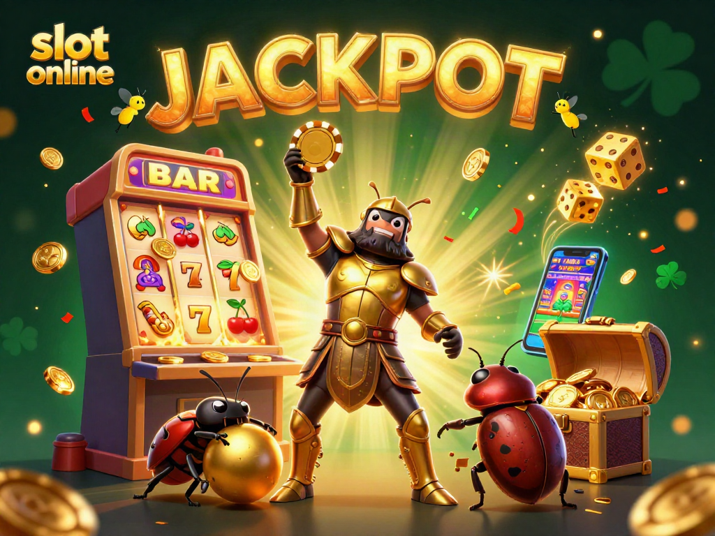 Experience thrilling slot online action with a cartoon beetle duo celebrating a jackpot!