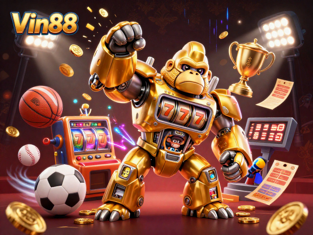 Win jackpots with Vin88 featuring a golden gorilla mech, sports elements, and vibrant energy.