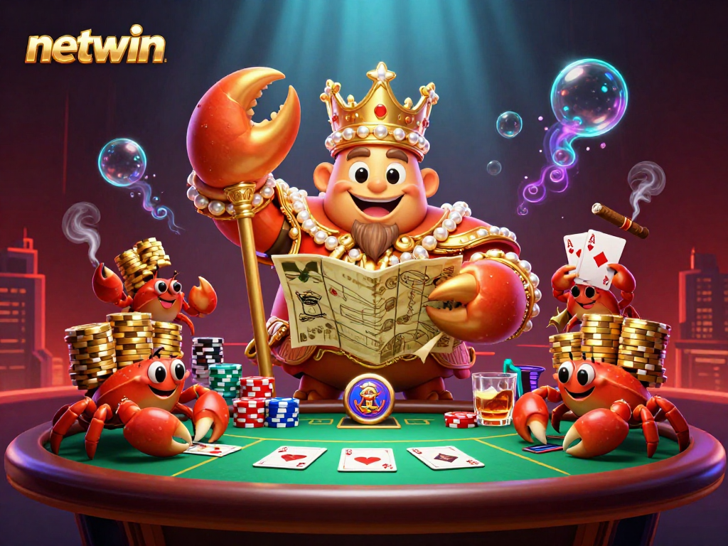Experience the exciting netwin journey with a golden crab emperor, poker elements, and vibrant casino atmosphere