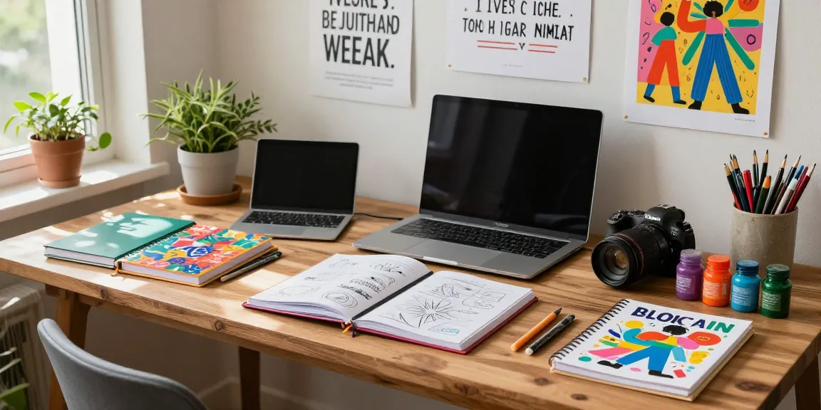 Artist brainstorming ideas in custom printed notebooks at a vibrant creative workspace.