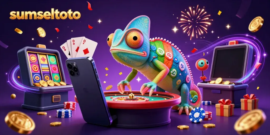 Join the fun at sumseltoto with an engaging scene of a colorful chameleon casino owner and gaming elements.