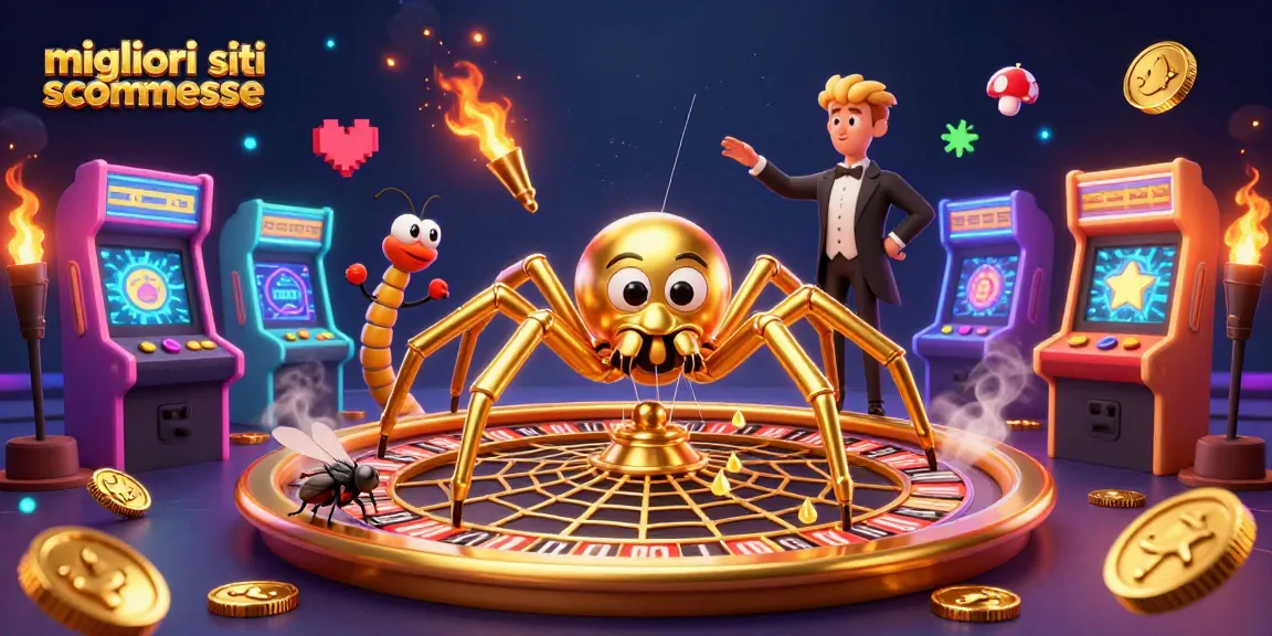 Scopri i migliori siti scommesse con un ragno d'oro e un croupier centopiedi in un'illustrazione vivace.
