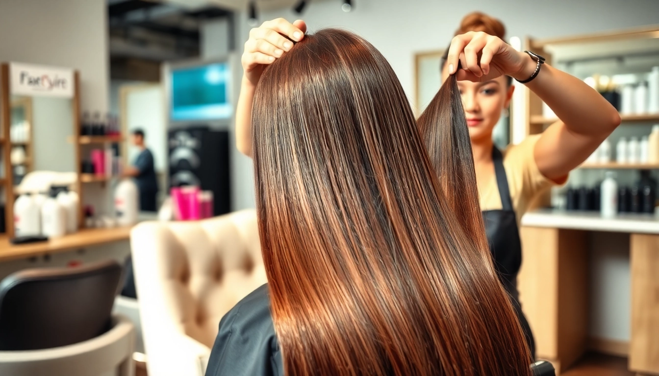 Client enjoying hair straightening service in a modern salon, showcasing smooth, shiny hair.
