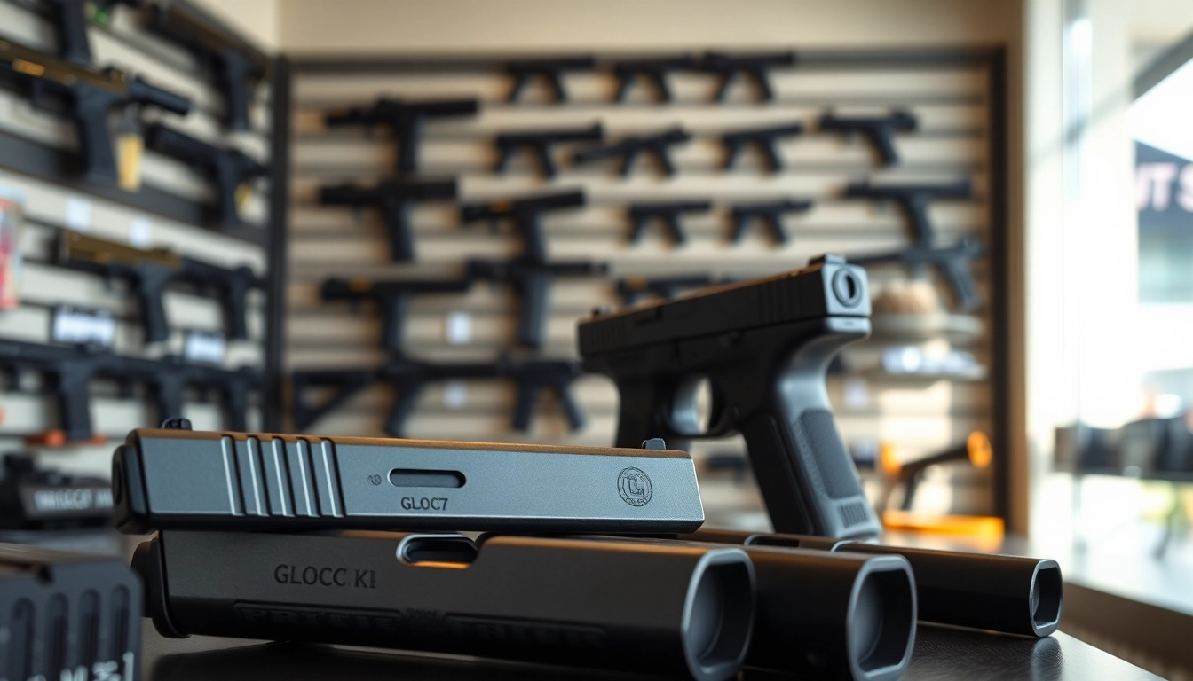 Showcasing glock 17 slides with precision craftsmanship and intricate designs in a stylish gun shop.