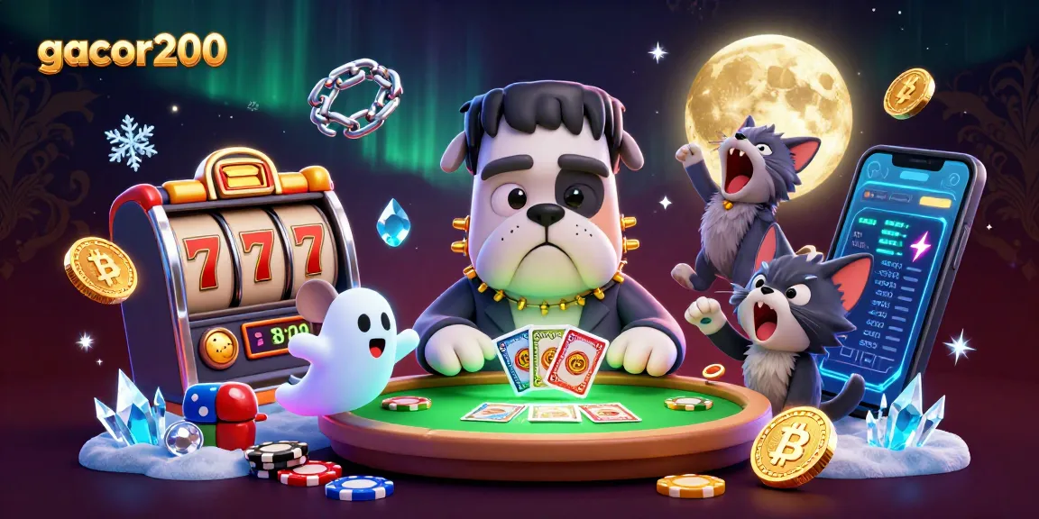 Gacor200 menunjukkan bulldog Frankenstein bermain kartu di meja slot yang menakutkan dengan elemen kasino lainnya.