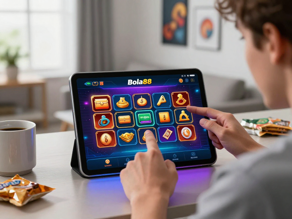 Engaging online gaming experience with Bola88 app on tablet, vibrant digital casino setup.
