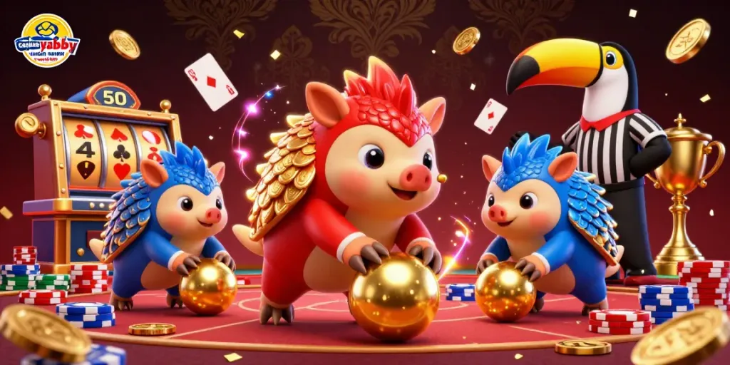 Discover casinos like yabby casino no deposit bonus in a vibrant 3D scene with cartoon pangolins and gaming elements.