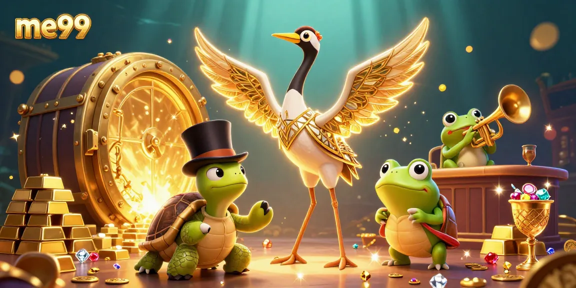 Win big at me99 with unique casino characters surrounded by treasure and vibrant elements.