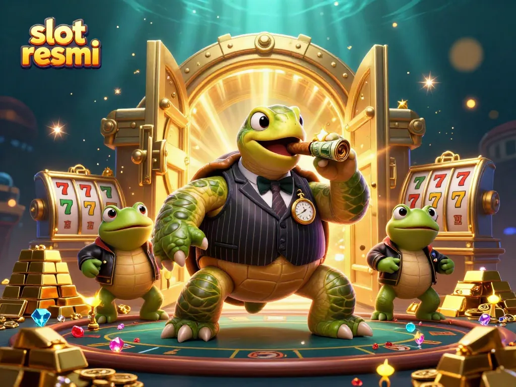 Experience the thrill of slot resmi with a vibrant 3D casino scene featuring a snapping turtle mobster and dynamic elements.
