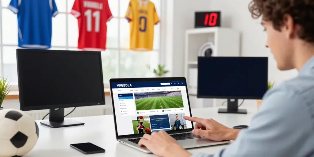 Person engaged with WWBOLA online sports betting website in modern home office.