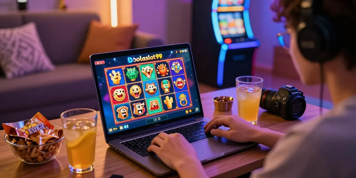 Pengalaman bermain bola slot99 dengan komputer dan logo permainan di latar belakang