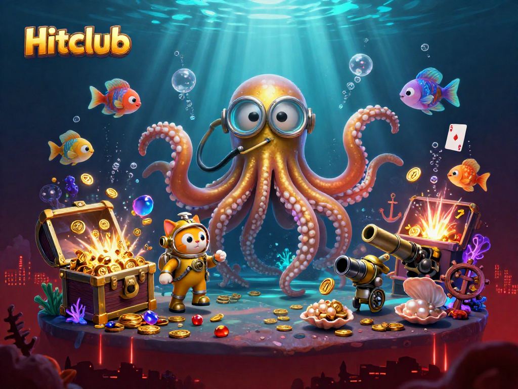 Engage with thrilling gameplay at Hitclub - dynamic 3D scene of a kraken, diving cat, and treasures.
