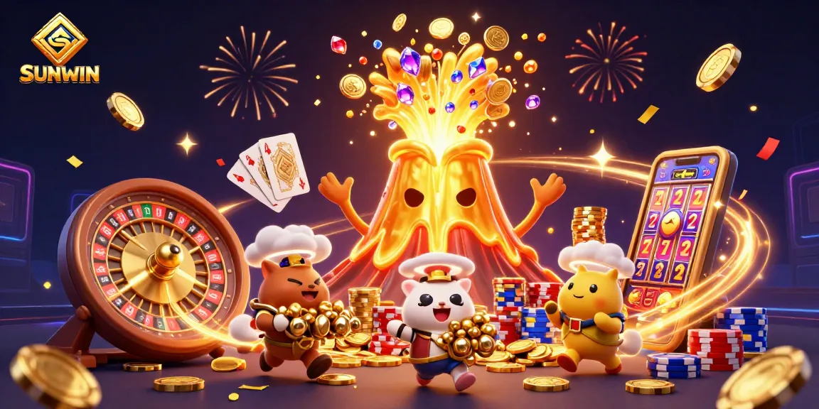 SUNWIN captivates players with vibrant 3D casino celebration featuring a golden volcano, treasures, and vibrant gambling elements.