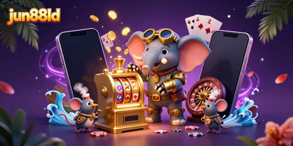 Experience the excitement of jun88ld with a vibrant scene featuring steampunk characters gambling at a golden slot machine.
