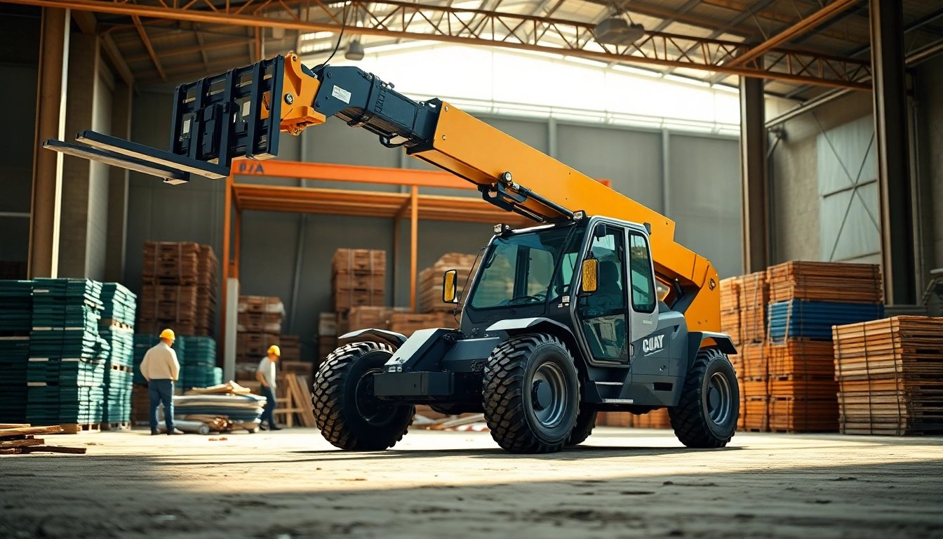 Telehandler lifting heavy materials at a busy construction site, demonstrating efficiency and strength.