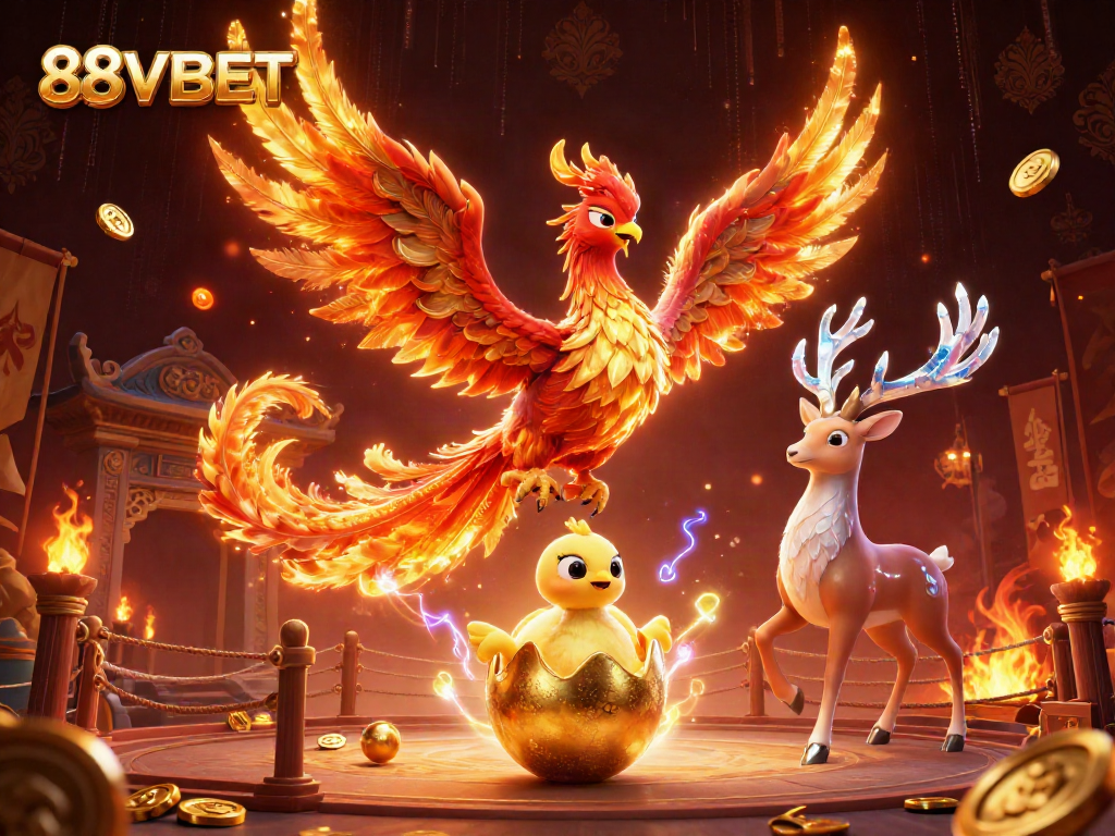 Engage with the vibrant 88VBET scene featuring a majestic phoenix, baby chick, and a mystical stag amid gaming elements.