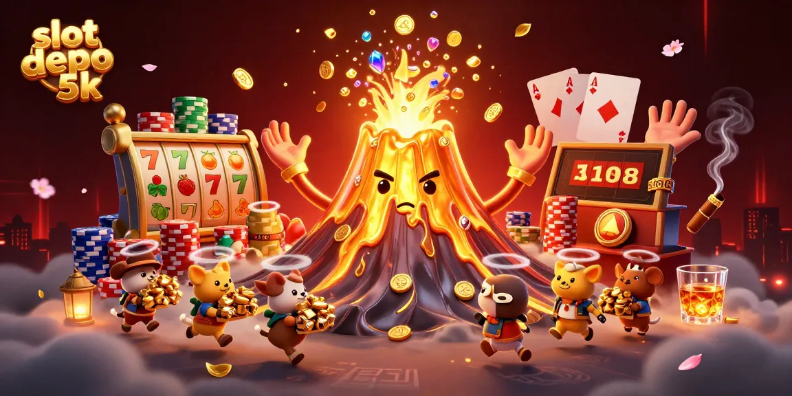 Spin jackpots with slot depo 5k featuring a golden volcano erupting coins and treasures.