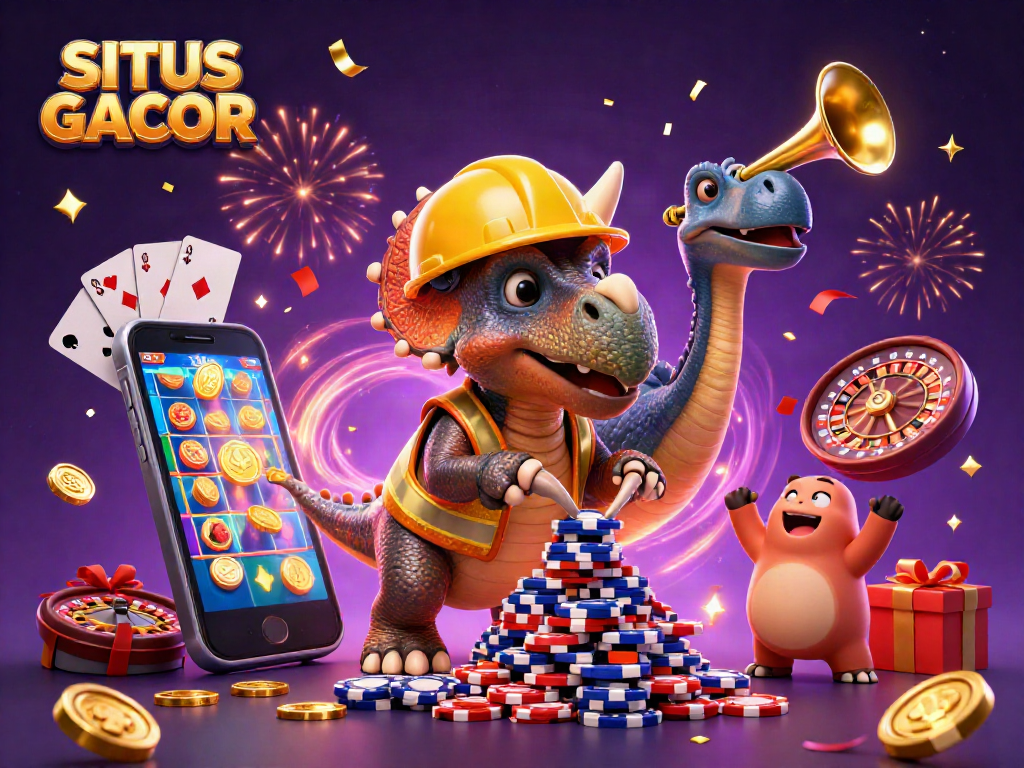 SITUS GACOR highlights exciting gameplay with casino characters celebrating jackpots and thrilling wins