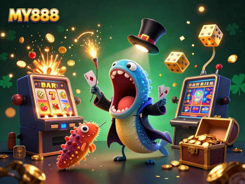 Experience the thrill of MY888 with a vibrant 3D illustration of casino elements, engaging characters, and a jackpot explosion.
