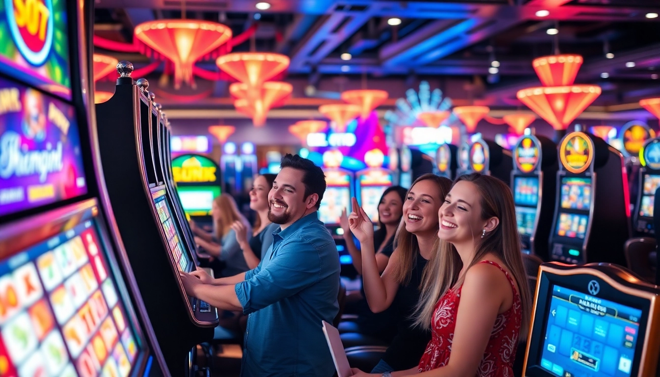 Experience excitement of slot gambling with vibrant machines and cheerful players celebrating wins.