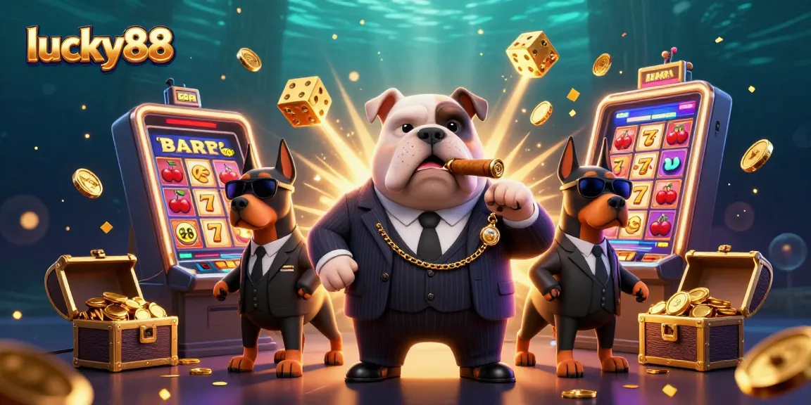 Experience thrilling wins at lucky88 with vibrant 3D characters amidst jackpot chaos in this casino illustration.