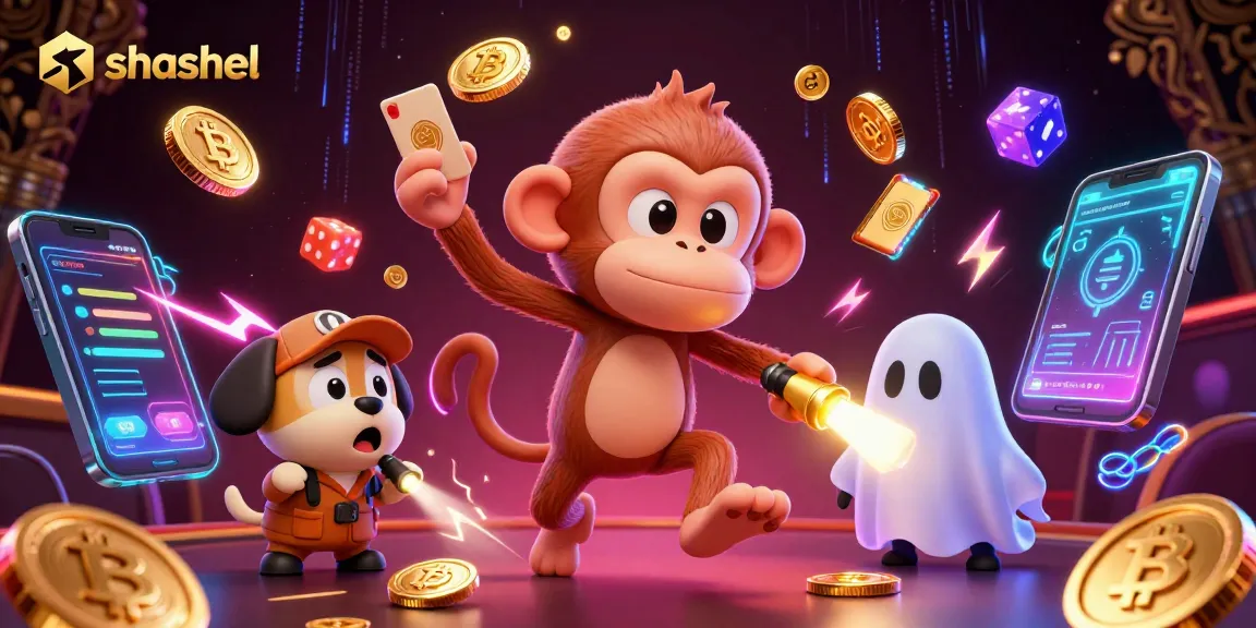 Engage with shashel's exciting casino adventure featuring a playful poltergeist monkey and a curious puppy.