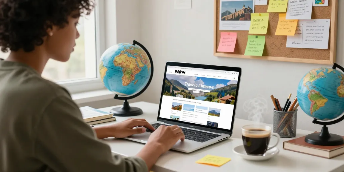 Youthful traveler at home office planning adventures online, eager to find out more about destinations.