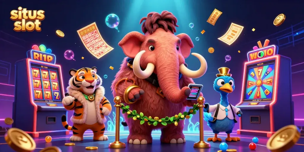 Memeriksa identitas pengunjung di situs slot, dengan badut kasino yang fantastis dan simbol permainan mewah.