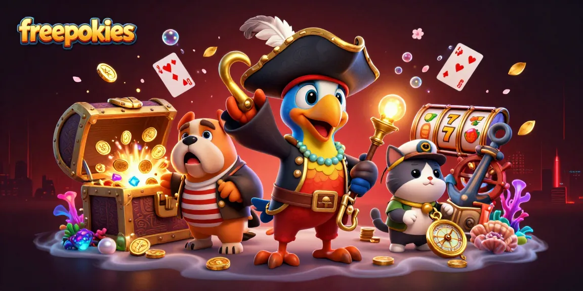 Engage with freepokies in a lively scene featuring a pirate captain and his crew among vibrant treasures.