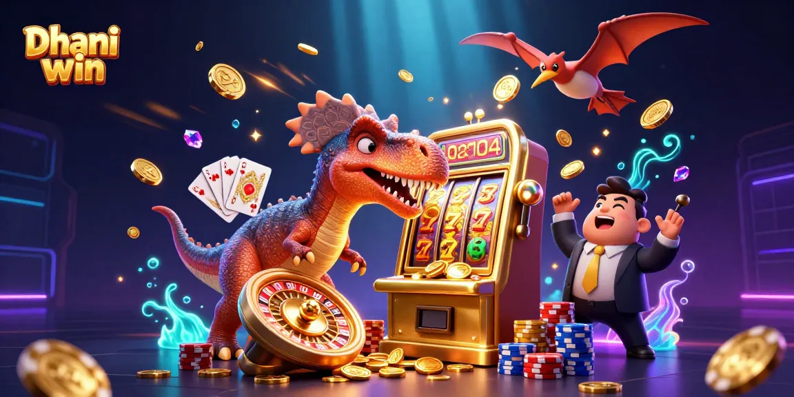 Players engage with Dhani win as a pachycephalosaurus hits a slot machine, coins and cards flying.