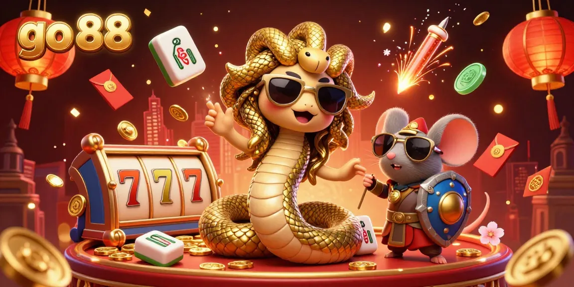 Celebrate your wins with go 88 in this vibrant casino scene featuring golden snakes, slot reels, and lively action.