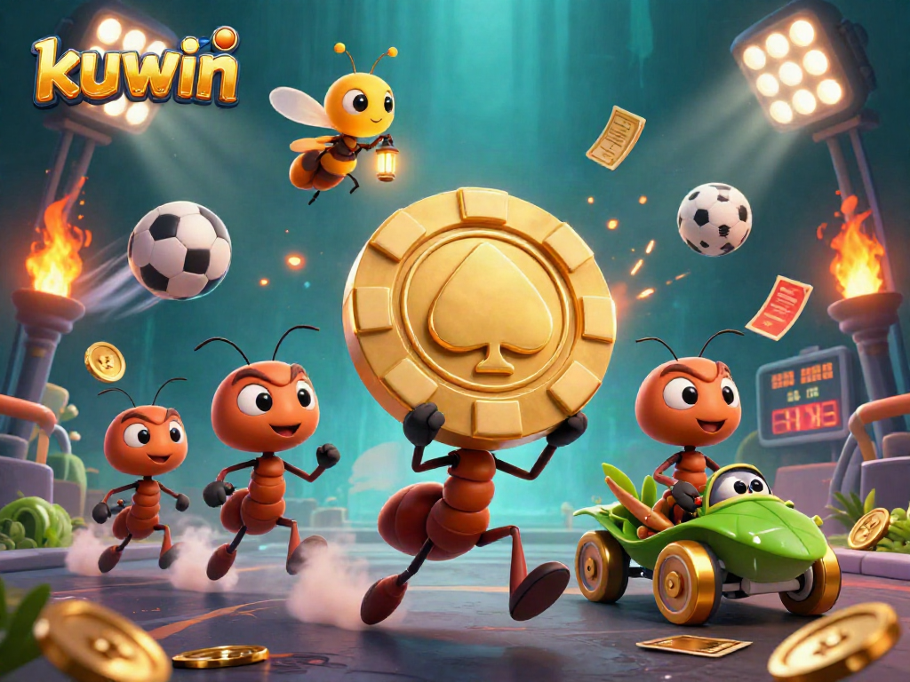 Kuwin ants heist scene with golden poker chip and dynamic sports elements, illustrating thrill and excitement.