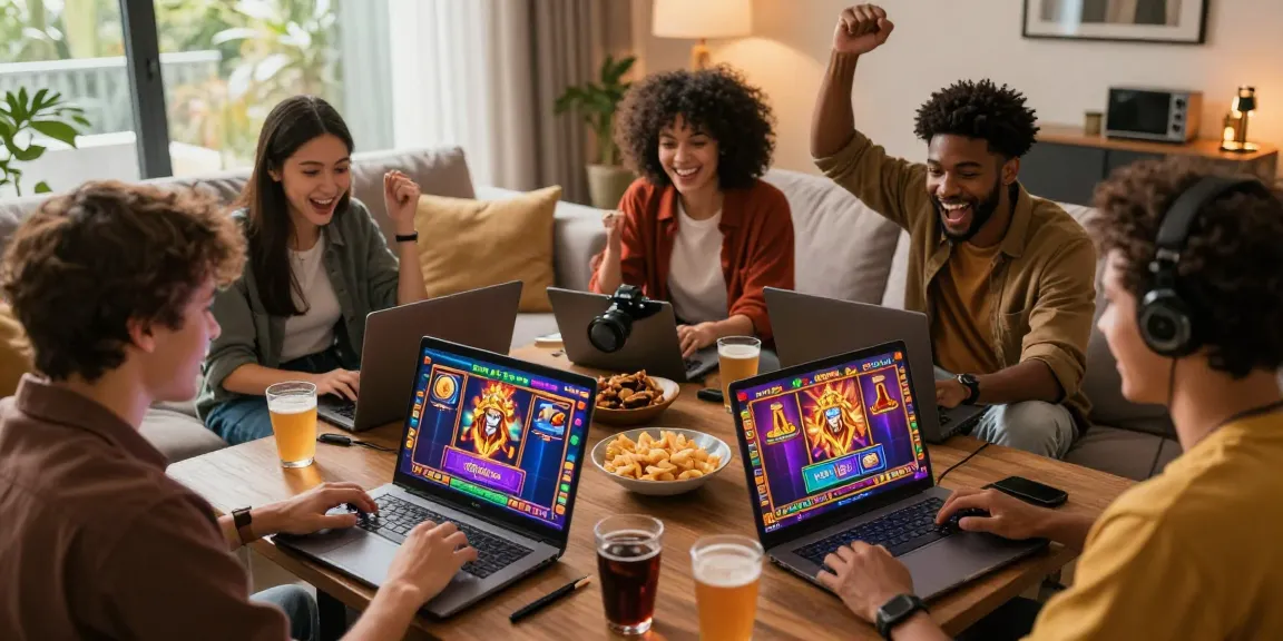 Friends enjoying slot raja games in a vibrant gaming room, celebrating big wins with Zeus-themed icons on screens.