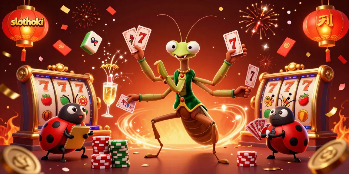 Permainan slot di slothoki menampilkan karakter kartu praying mantis dan ladybug di festival cahaya yang meriah.