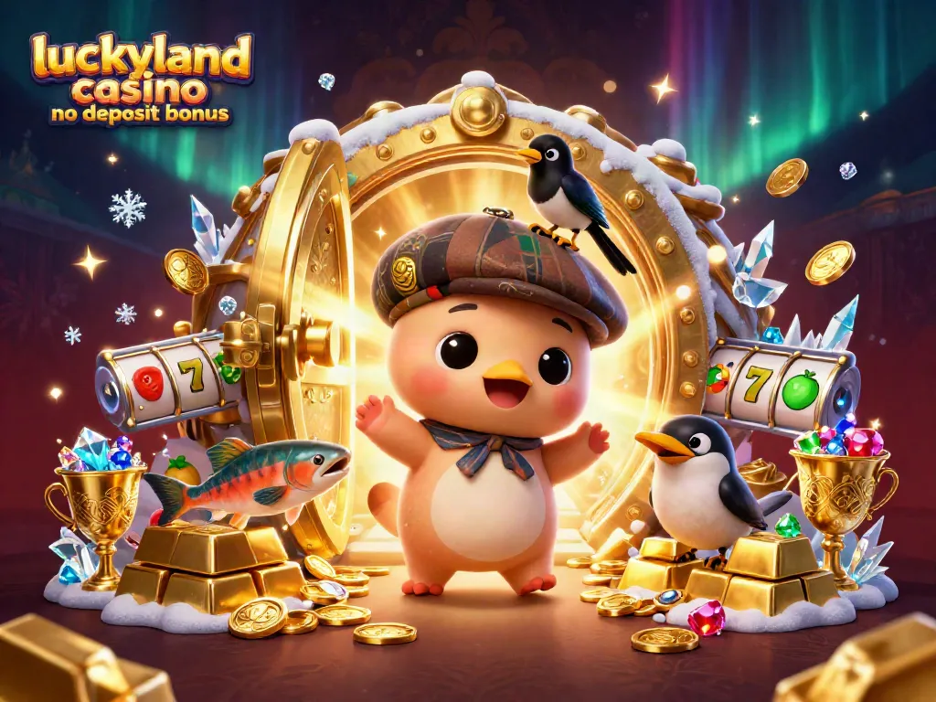 Experience the luckyland casino no deposit bonus with colorful characters, slot elements, and treasure bursting forth.
