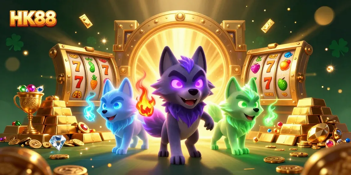 Experience HK88's thrilling game atmosphere with a captivating 3D illustration of rich casino treasures and spectral wolves.