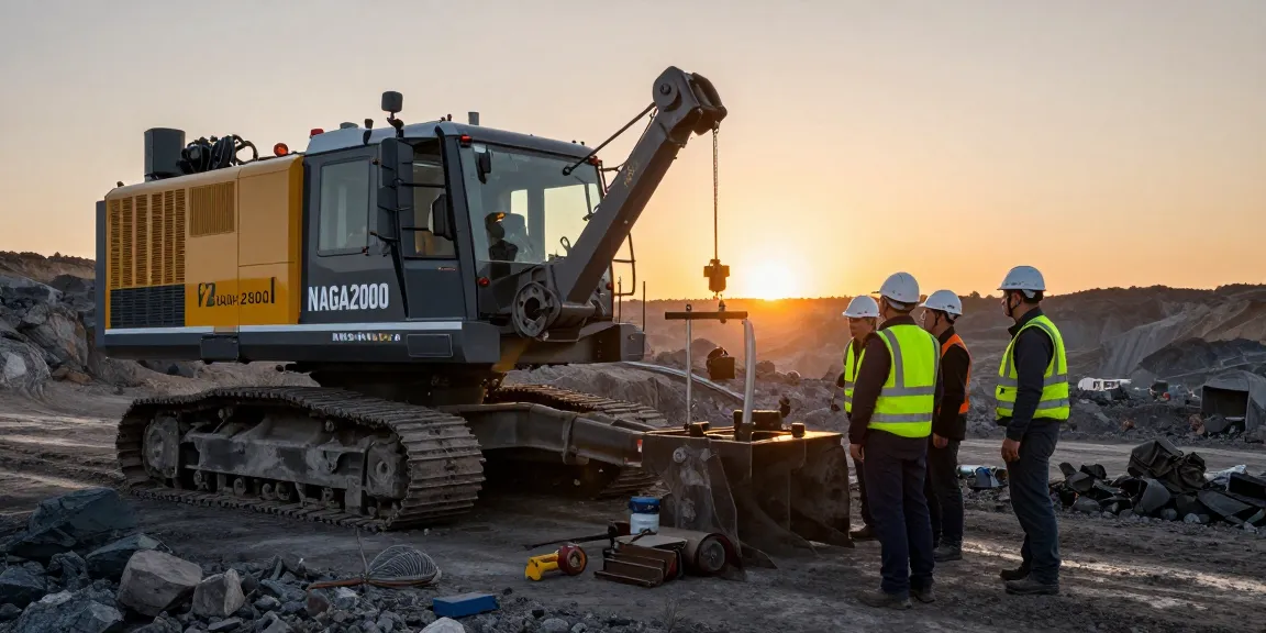 NAGA2000 mining professionals inspecting state-of-the-art equipment at sunrise.
