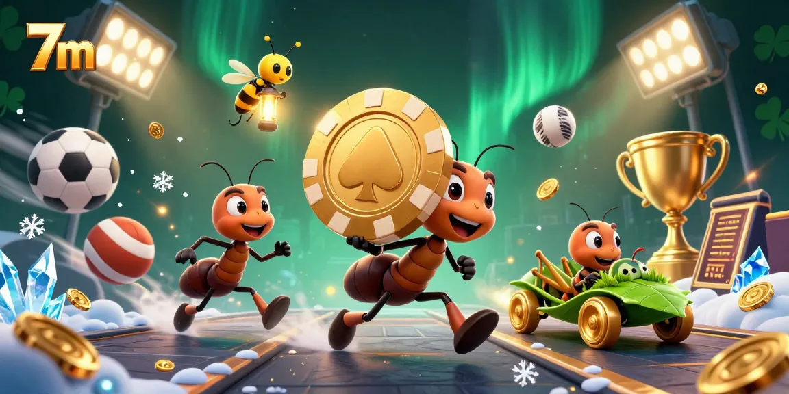 Engage with 7m's thrilling casino atmosphere featuring animated ants carrying a giant poker chip.