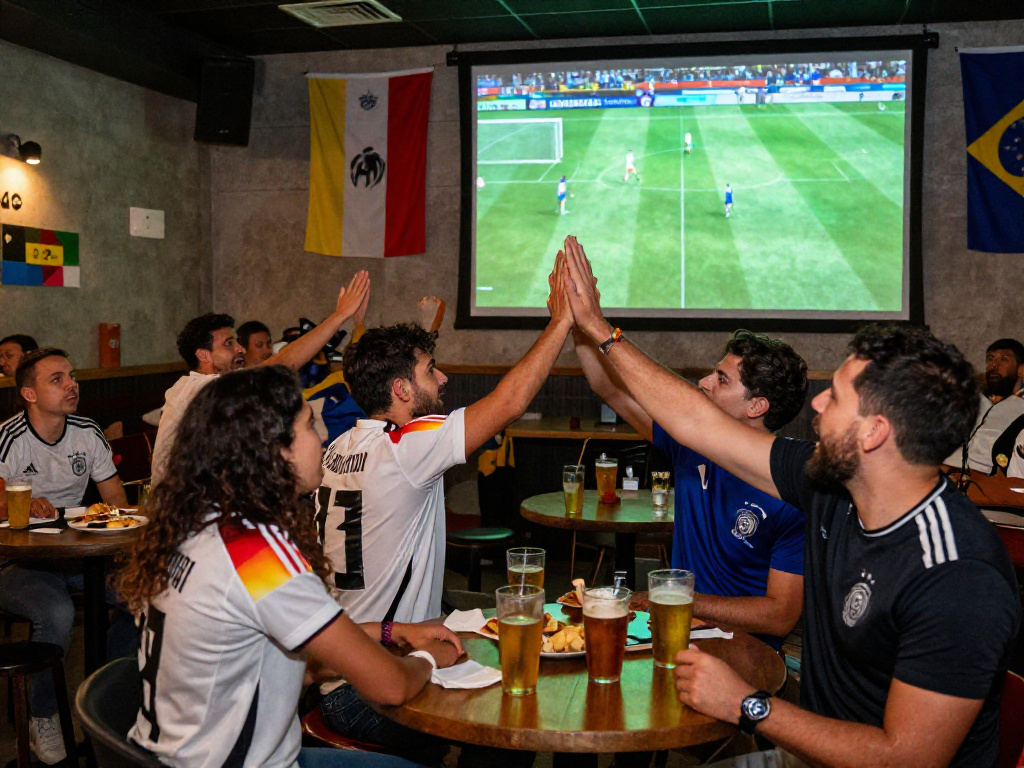 Fans enjoying thefappening match between Germany and Curaçao in a lively pub atmosphere.