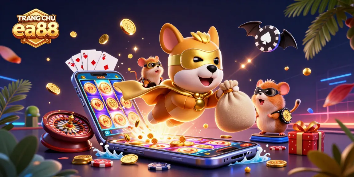 Engage with TRANG CHỦ ea88 as a superhero dog flies with gold coins in a vibrant casino scene.