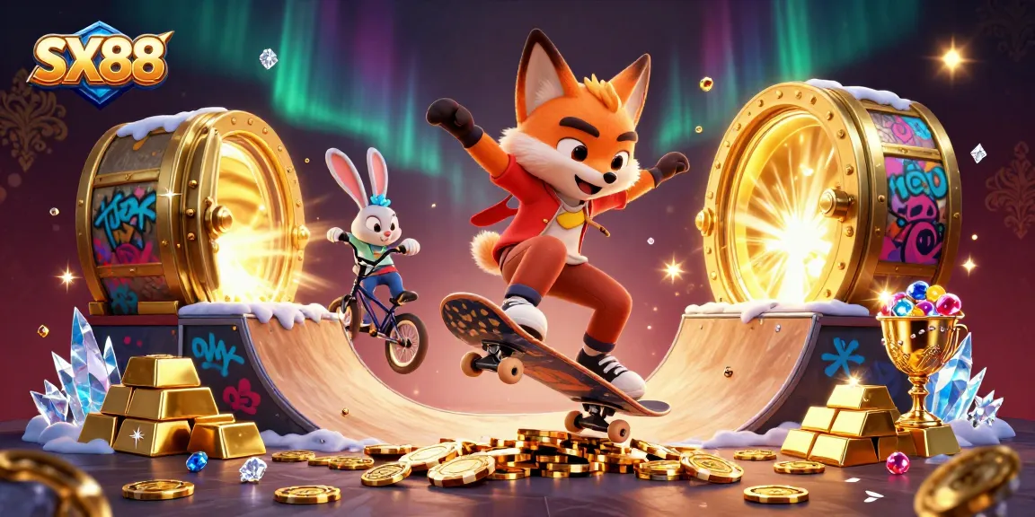 SX88 showcases thrilling gaming with a skateboarder fox and BMX rabbit amidst vibrant casino elements.