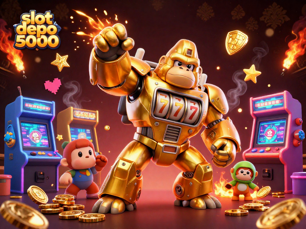 Engage with slot depo 5000 as golden gorilla mech unleashes coins in an action-packed gaming scene.